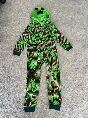 Kids Green Minecraft-Inspired Hooded One-Piece Pajamas